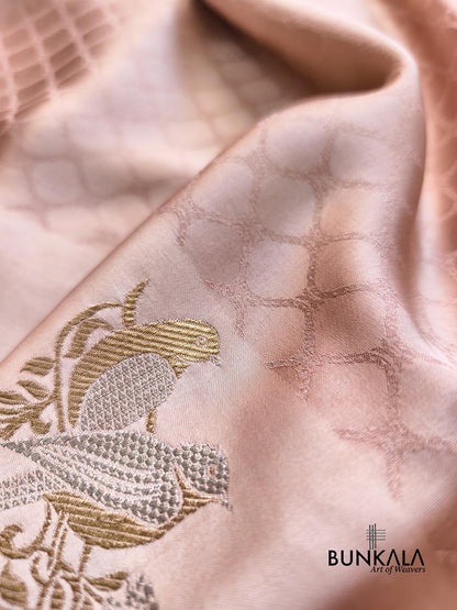 Dusty Pink Birds Jamewar Weaved Banarasi Mashru Silk Saree