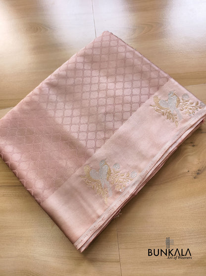 Dusty Pink Birds Jamewar Weaved Banarasi Mashru Silk Saree