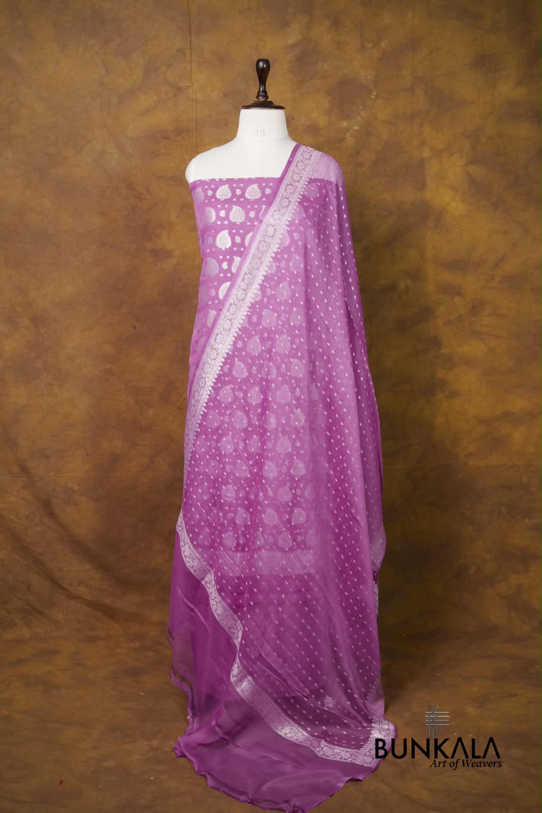 Dusty Pink Buta Banarasi Pure Chiffon Silk Unstitched Suit Set