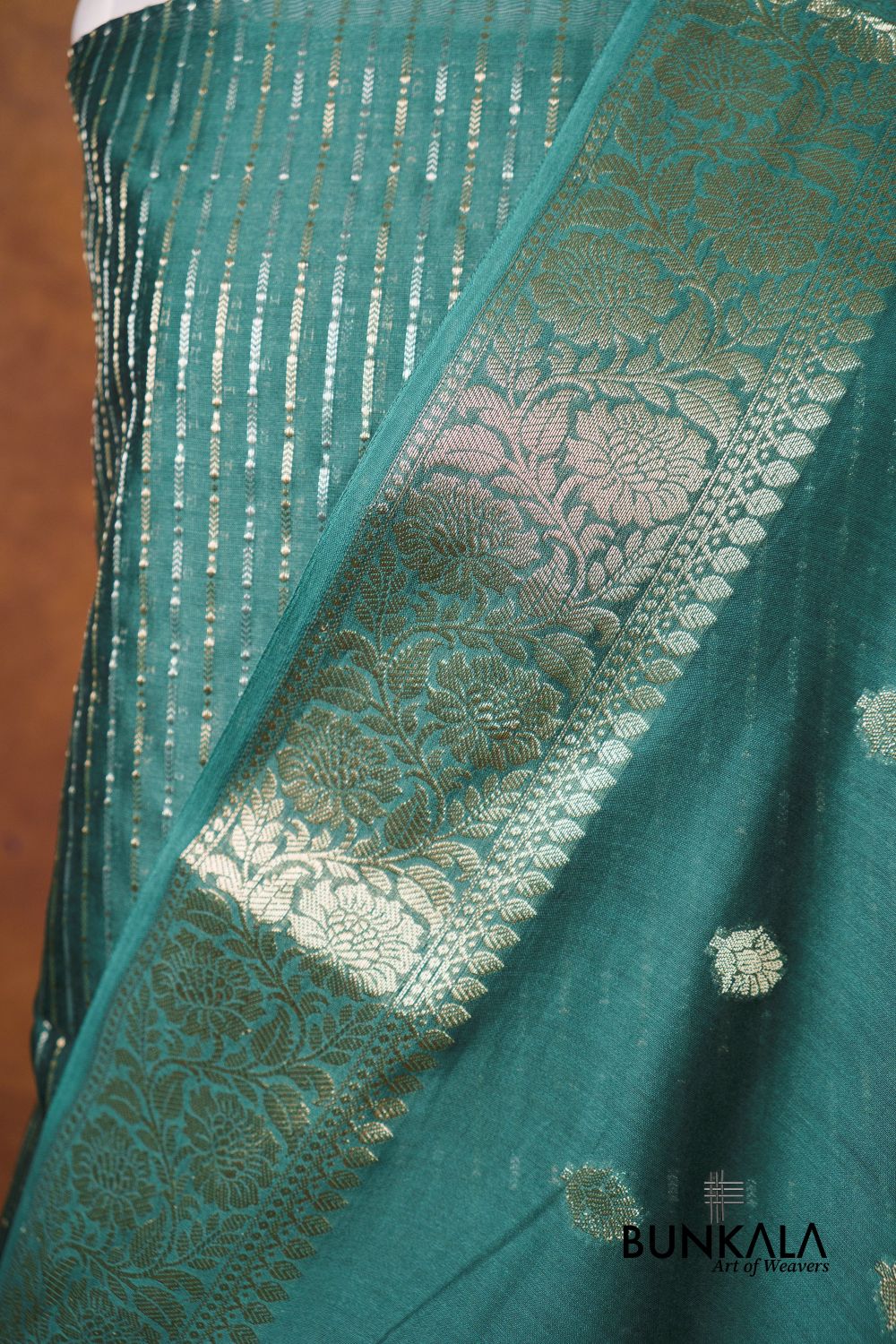 Emerald Green Stripe Banarasi Pure Cotton Silk Unstitched Suit Set