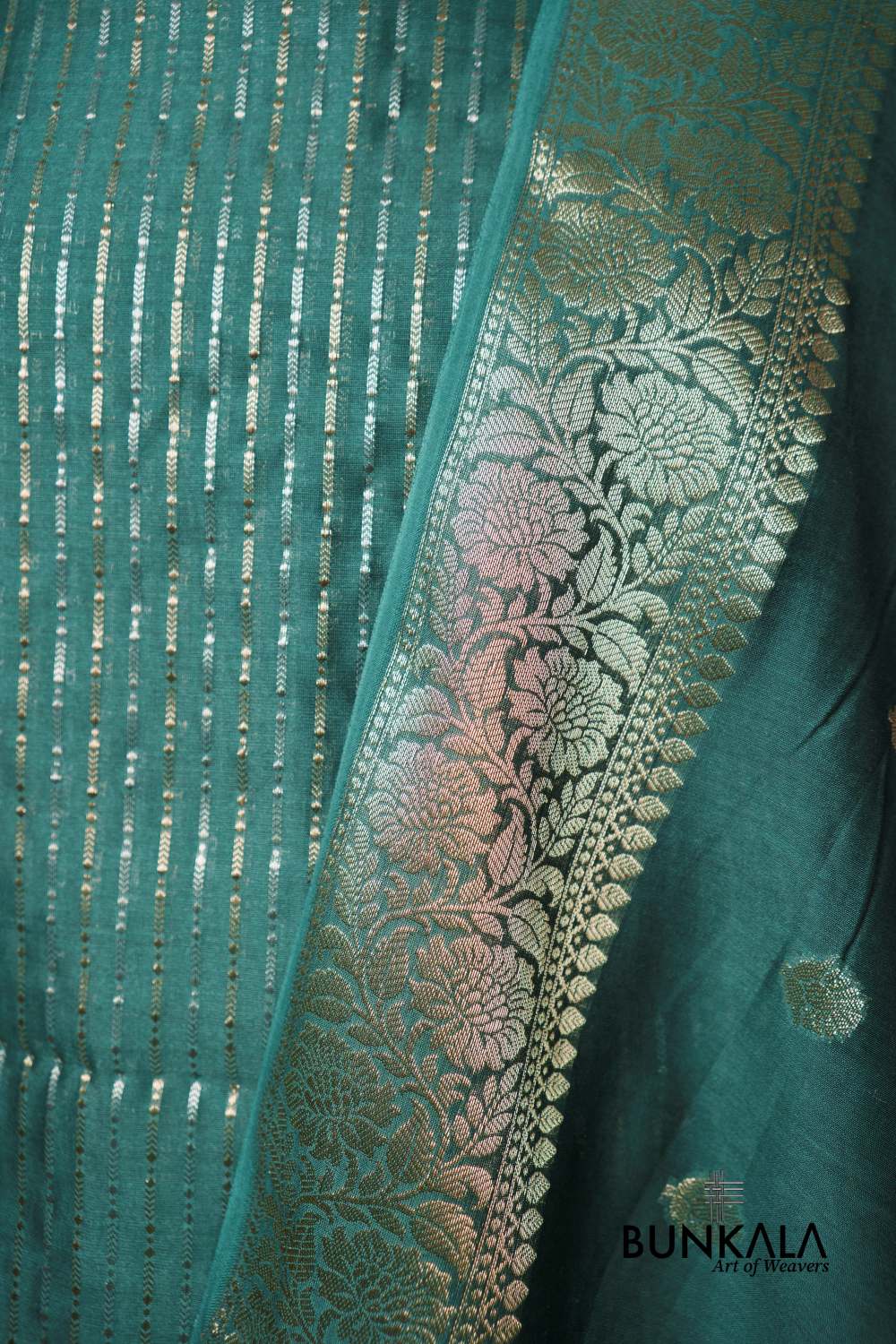 Emerald Green Stripe Banarasi Pure Cotton Silk Unstitched Suit Set