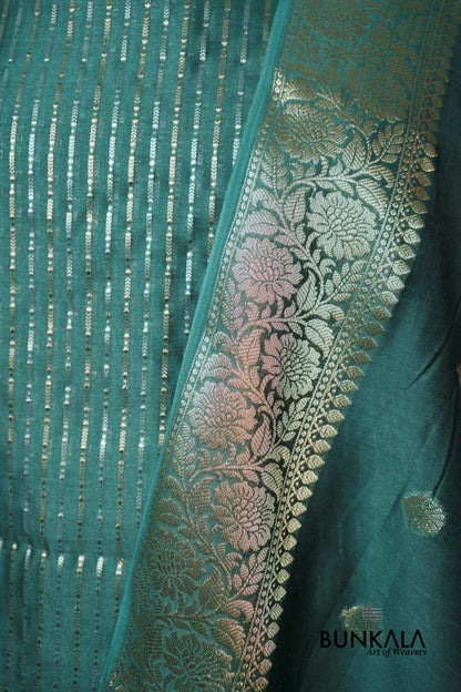 Emerald Green Stripe Banarasi Pure Cotton Silk Unstitched Suit Set