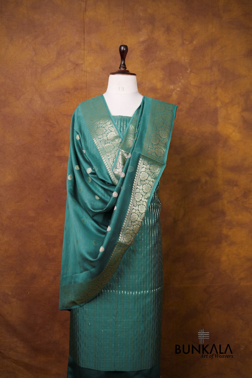 Emerald Green Stripe Banarasi Pure Cotton Silk Unstitched Suit Set