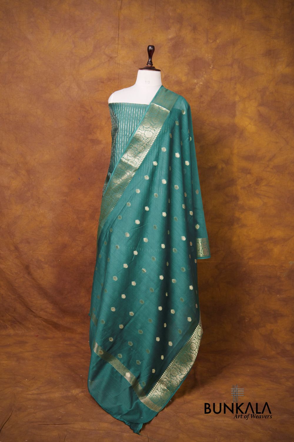 Emerald Green Stripe Banarasi Pure Cotton Silk Unstitched Suit Set
