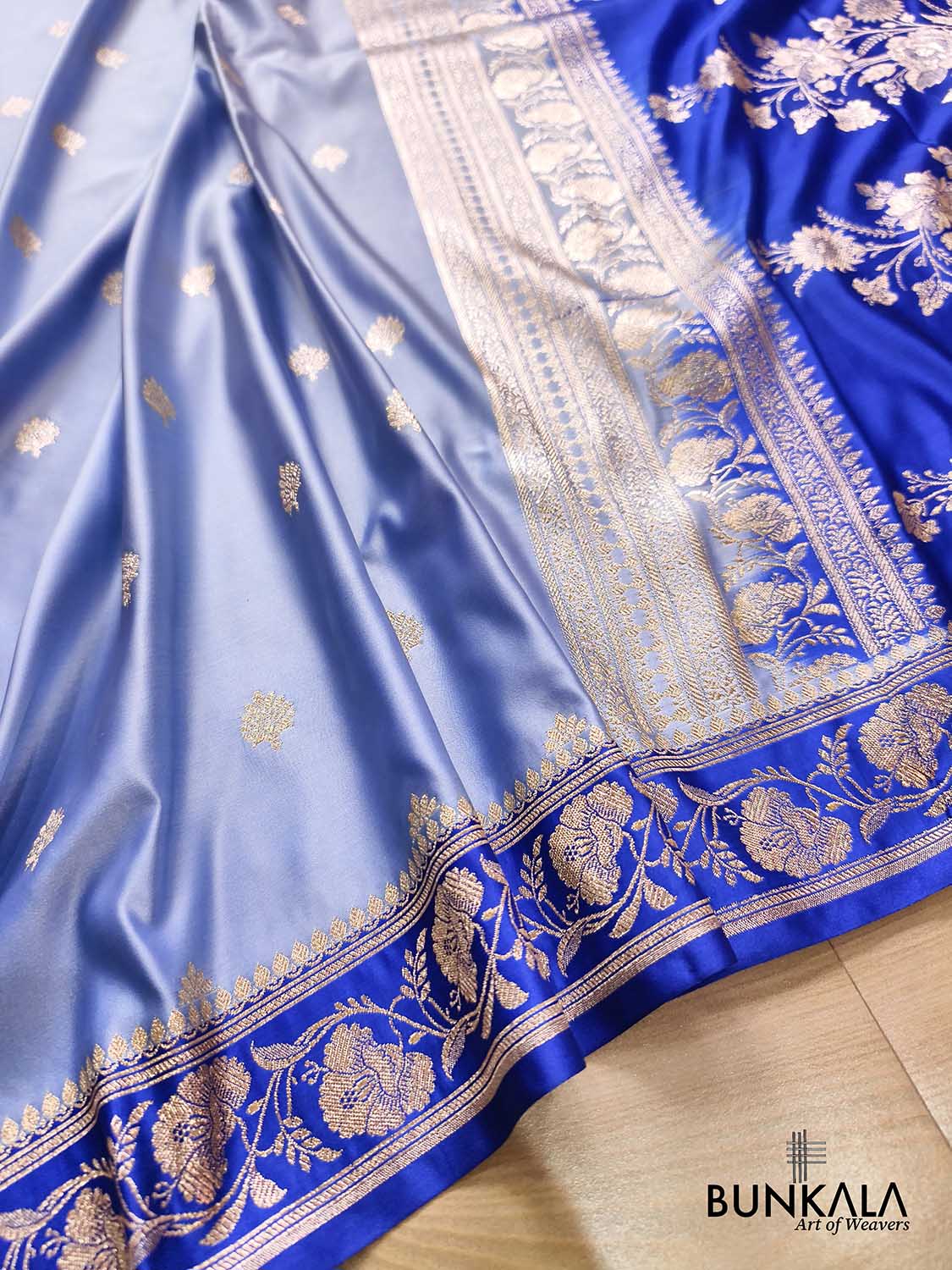 English Blue with Contrast Royal Blue Border Banarasi Mashru Silk Saree