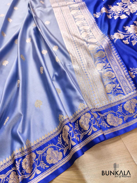 English Blue with Contrast Royal Blue Border Banarasi Mashru Silk Saree