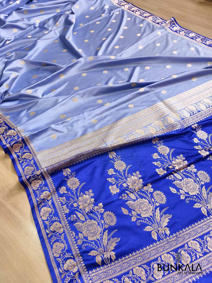 English Blue with Contrast Royal Blue Border Banarasi Mashru Silk Saree