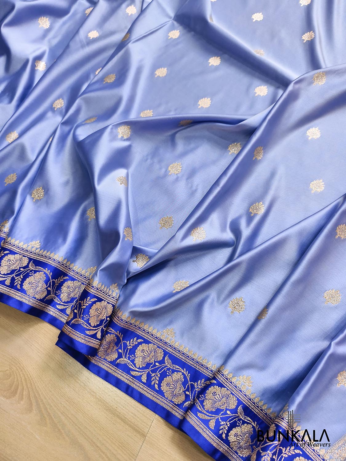 English Blue with Contrast Royal Blue Border Banarasi Mashru Silk Saree