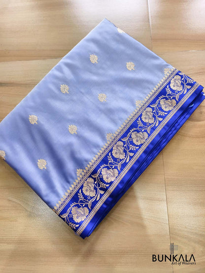 English Blue with Contrast Royal Blue Border Banarasi Mashru Silk Saree