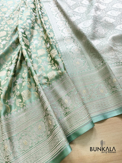 English Green Floral Jaal Banarasi Mashru Silk Saree