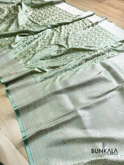 English Green Floral Jaal Banarasi Mashru Silk Saree