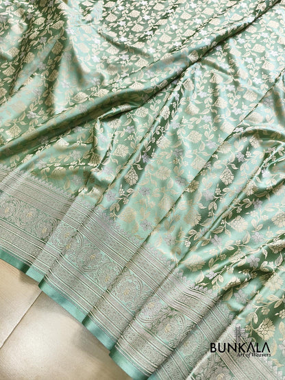 English Green Floral Jaal Banarasi Mashru Silk Saree