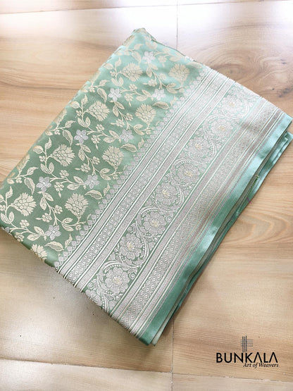 English Green Floral Jaal Banarasi Mashru Silk Saree