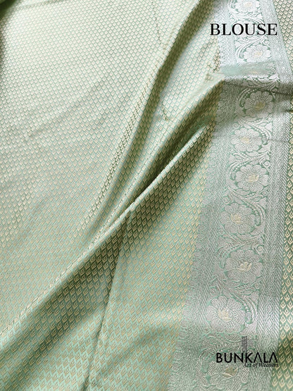 English Green Floral Jaal Banarasi Mashru Silk Saree