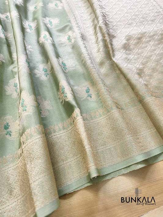 English Green Meena Buta Banarasi Mashru Silk Saree