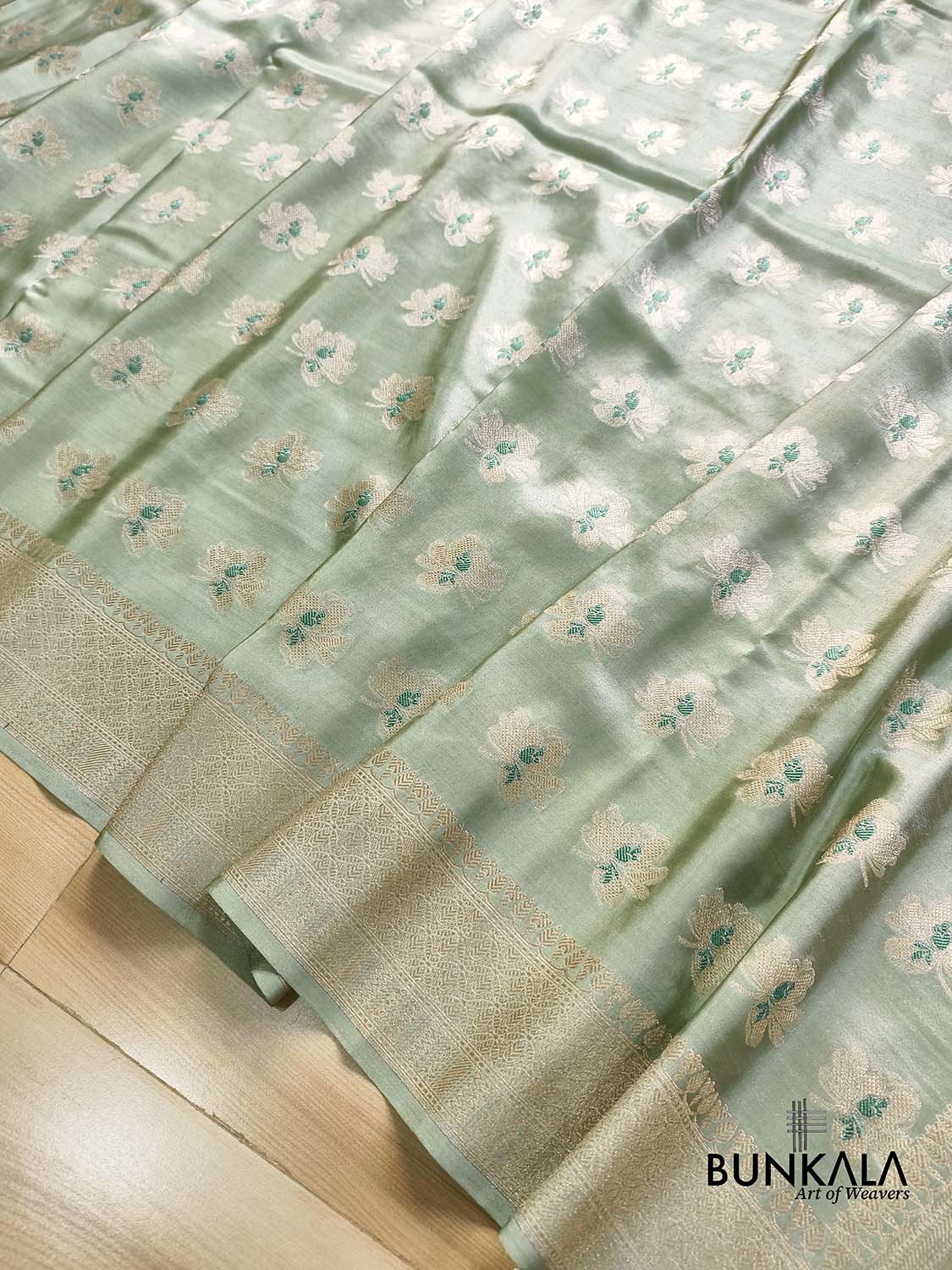 English Green Meena Buta Banarasi Mashru Silk Saree