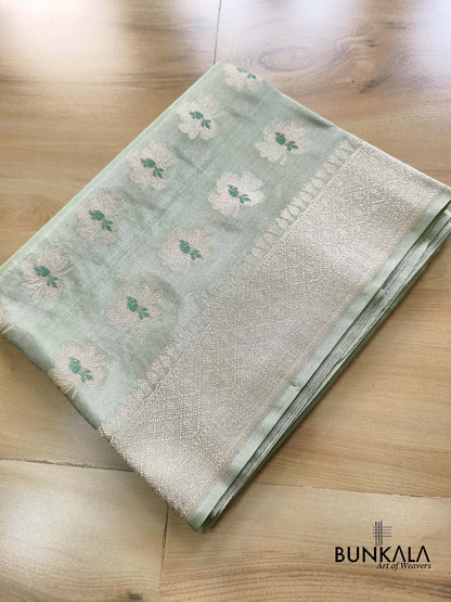 English Green Meena Buta Banarasi Mashru Silk Saree