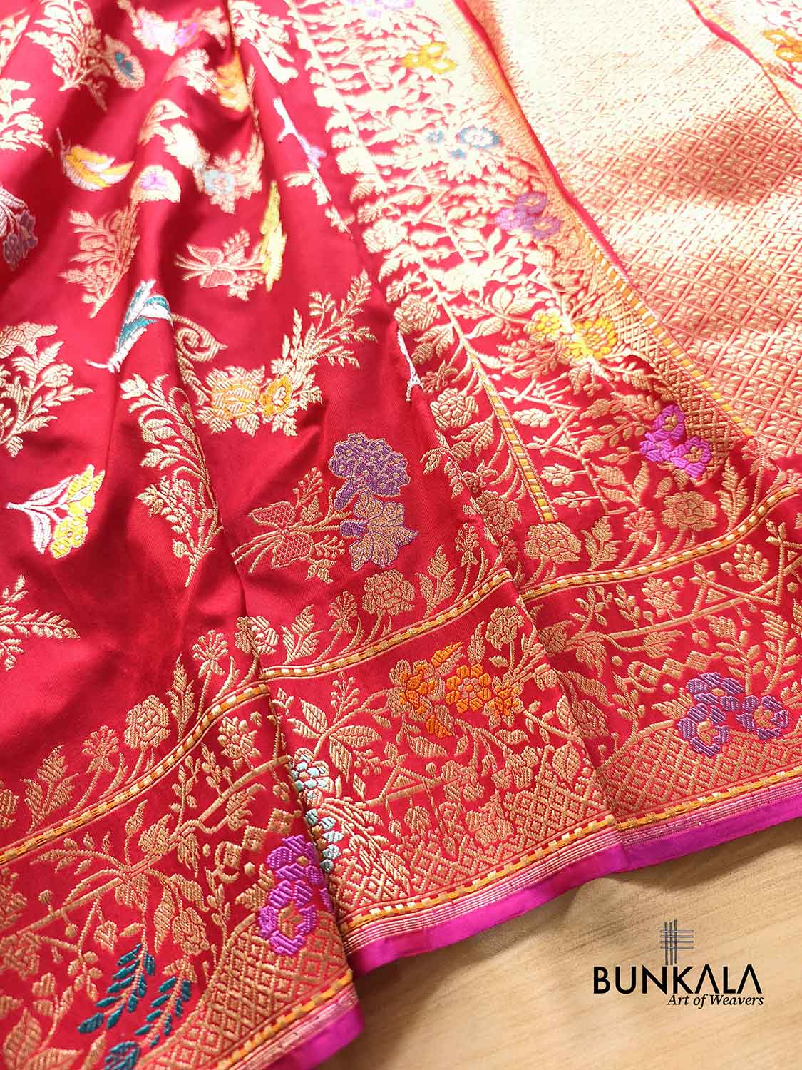 Exclusive Bridal Red Kadwa Jangla Handweaved Banarasi Pure Katan Silk Saree