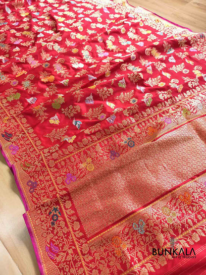 Exclusive Bridal Red Kadwa Jangla Handweaved Banarasi Pure Katan Silk Saree