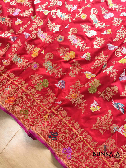Exclusive Bridal Red Kadwa Jangla Handweaved Banarasi Pure Katan Silk Saree