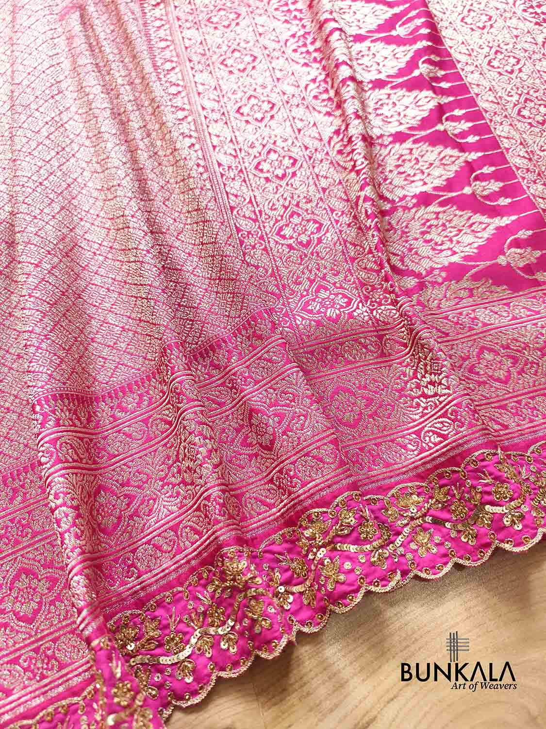 Fuchsia Pink Hand Embroidered Brocade Mashru Silk Saree