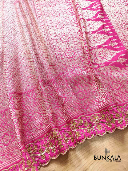 Fuchsia Pink Hand Embroidered Brocade Mashru Silk Saree
