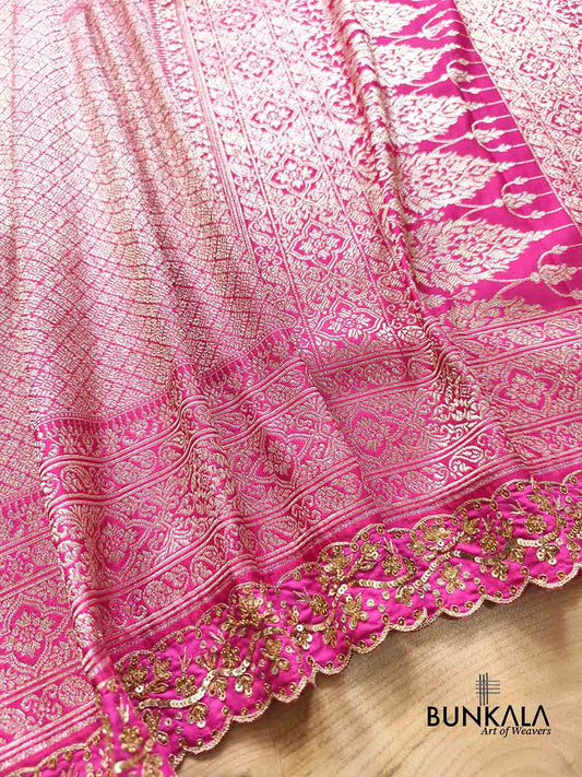 Fuchsia Pink Hand Embroidered Brocade Mashru Silk Saree