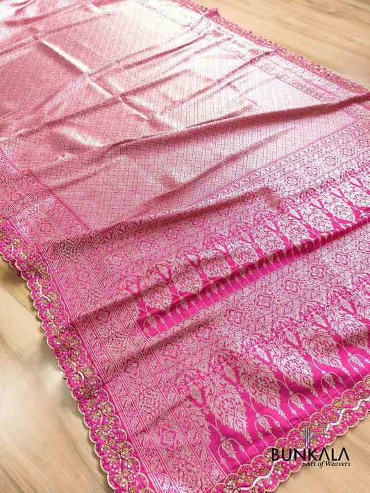 Fuchsia Pink Hand Embroidered Brocade Mashru Silk Saree