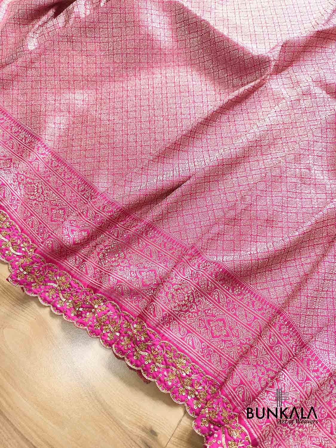 Fuchsia Pink Hand Embroidered Brocade Mashru Silk Saree