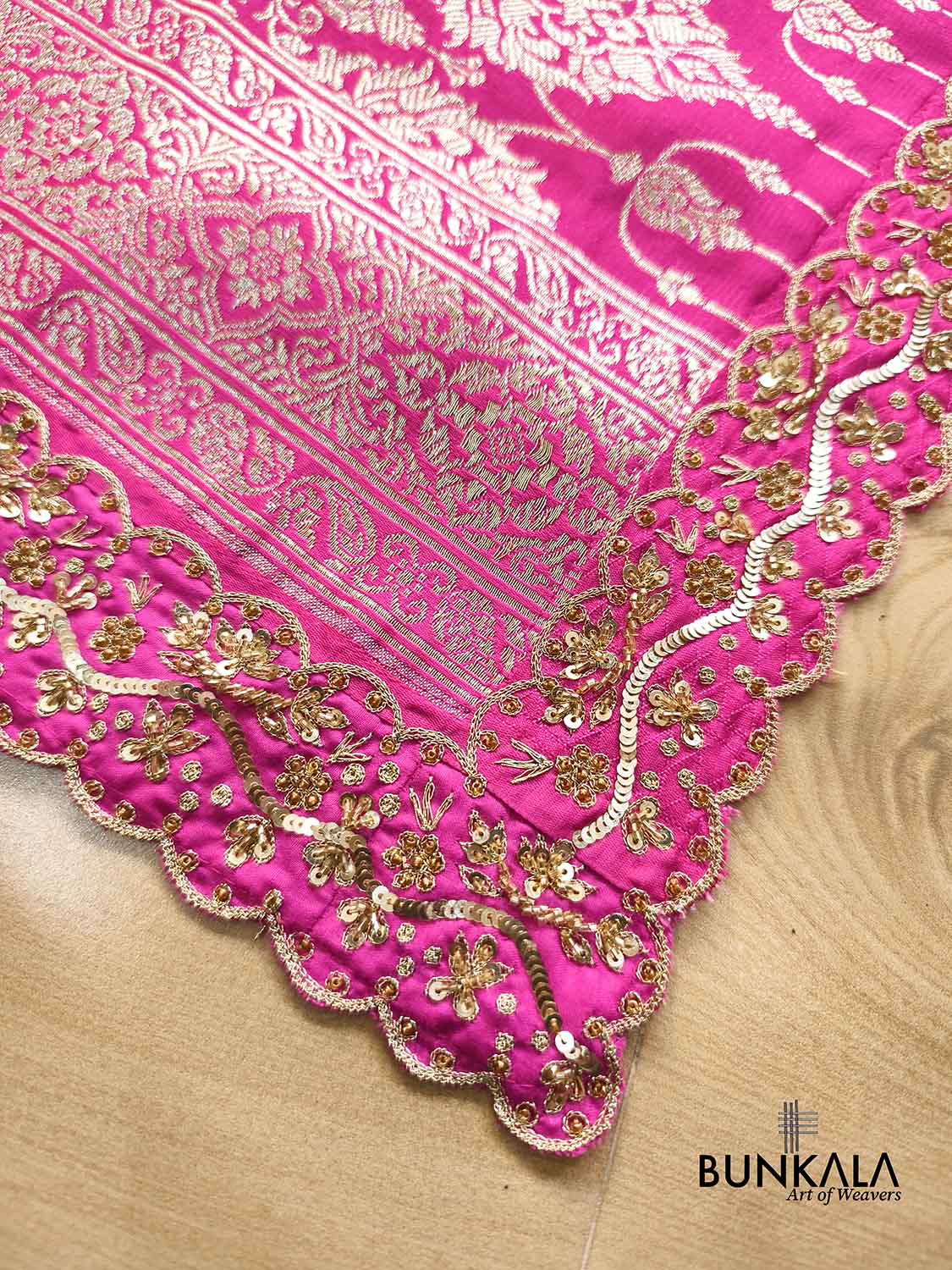 Fuchsia Pink Hand Embroidered Brocade Mashru Silk Saree