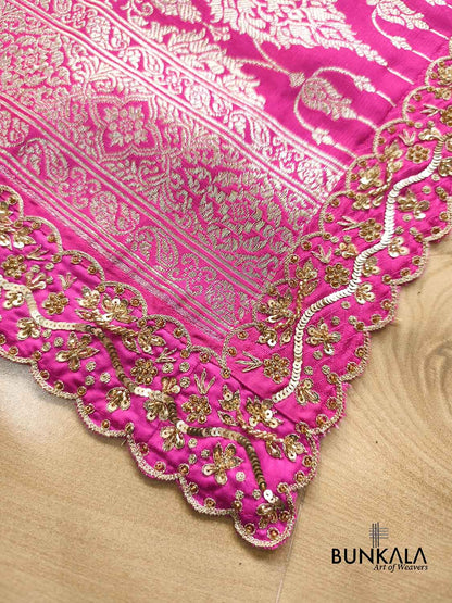 Fuchsia Pink Hand Embroidered Brocade Mashru Silk Saree