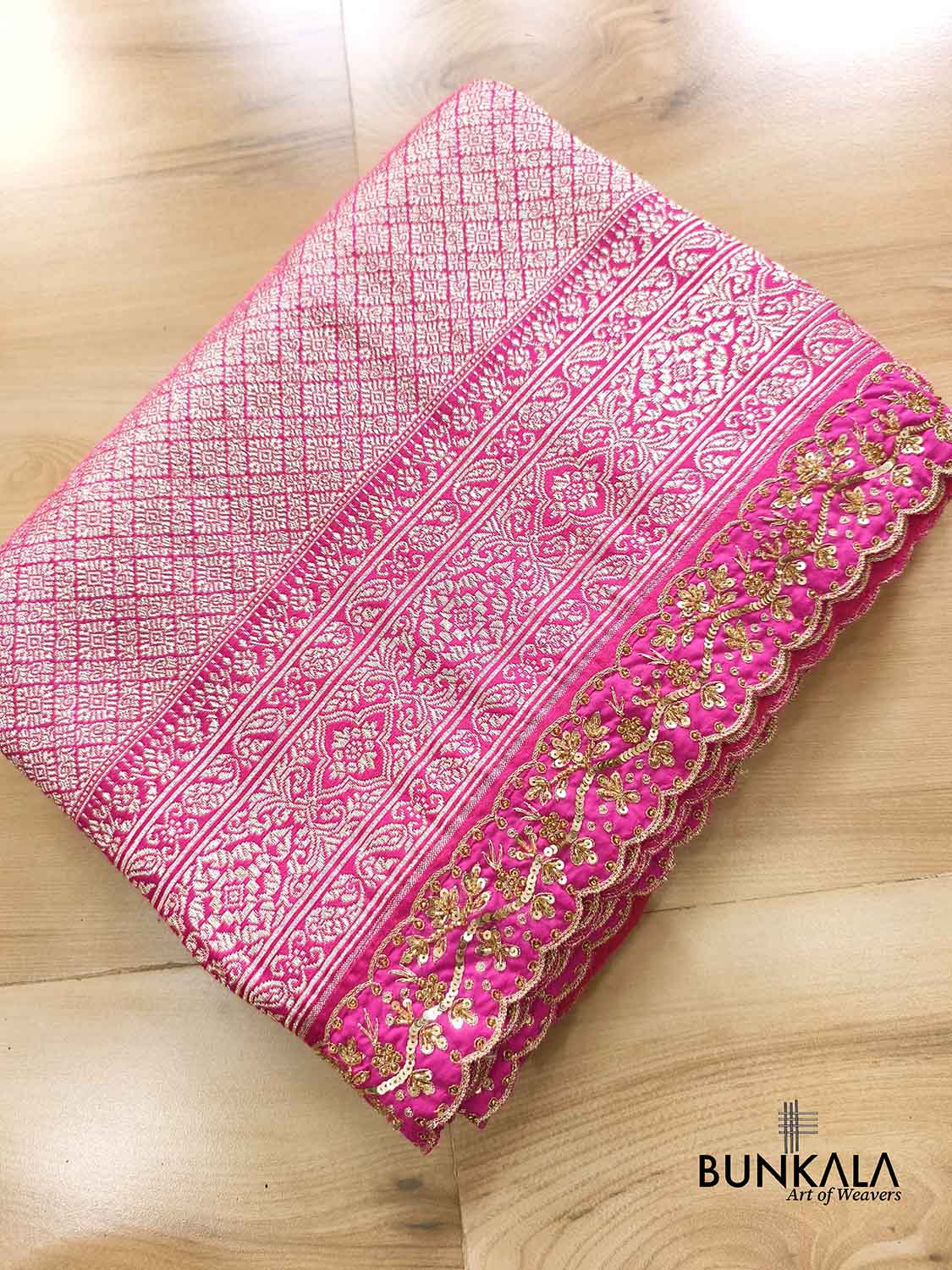Fuchsia Pink Hand Embroidered Brocade Mashru Silk Saree
