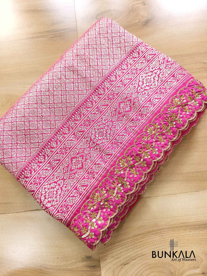 Fuchsia Pink Hand Embroidered Brocade Mashru Silk Saree