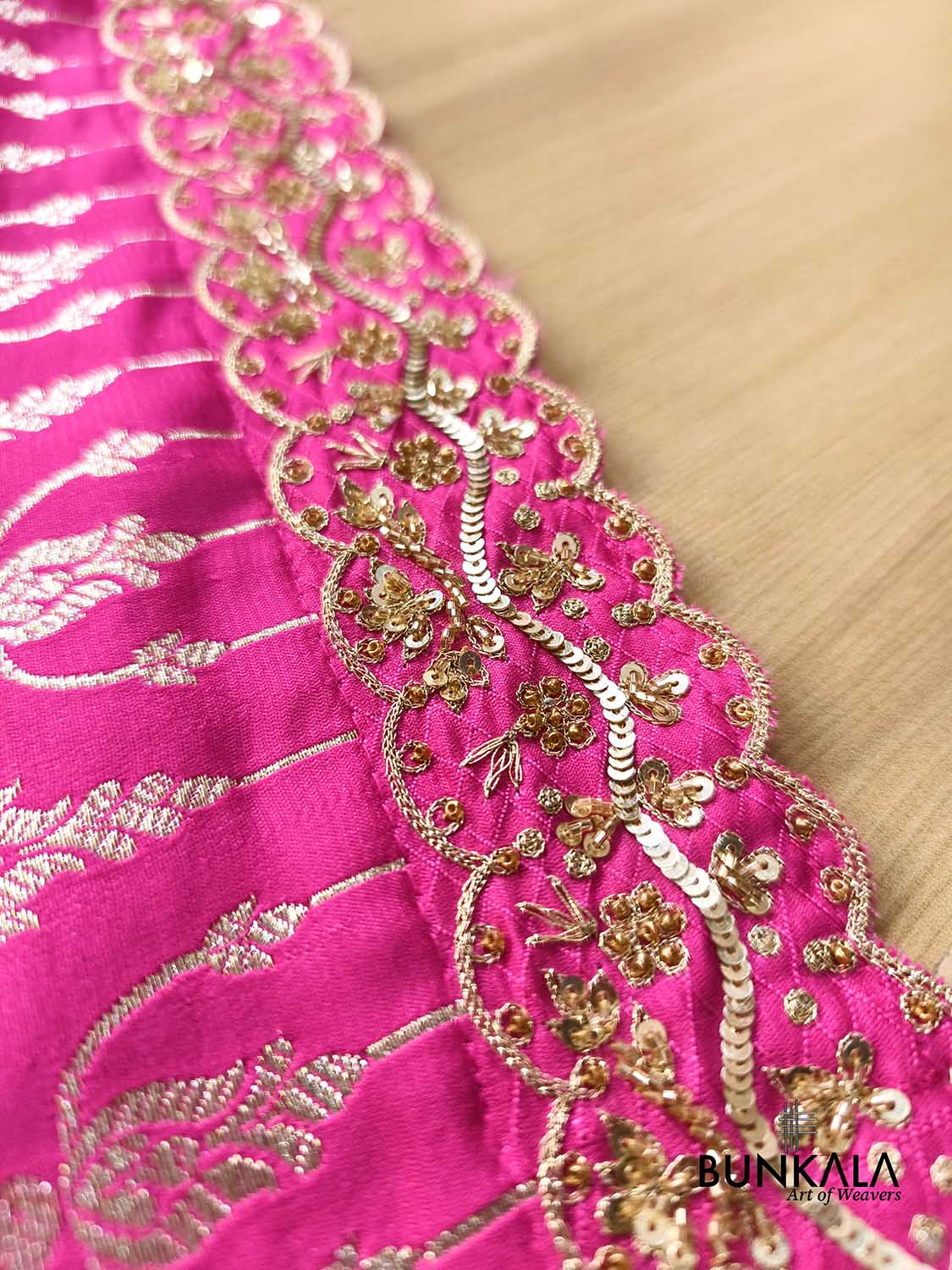 Fuchsia Pink Hand Embroidered Brocade Mashru Silk Saree