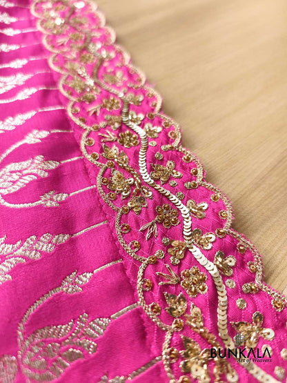 Fuchsia Pink Hand Embroidered Brocade Mashru Silk Saree