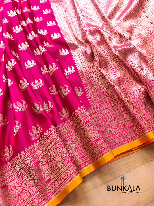 Fushia Pink Leaf Buti Banarasi Mashru Soft Silk Saree 