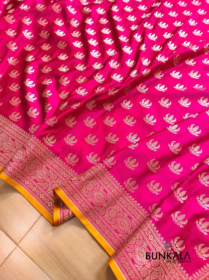 Fushia Pink Leaf Buti Banarasi Mashru Soft Silk Saree 