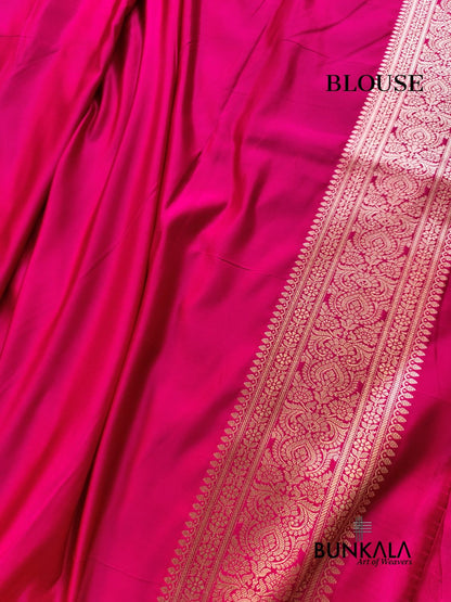 Fushia Pink Leaf Buti Banarasi Mashru Soft Silk Saree 