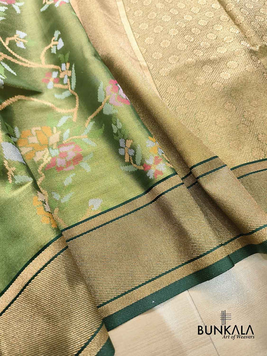 Green Jamdani Banarasi Floral Jaal Meenakari Weaved Tissue Saree