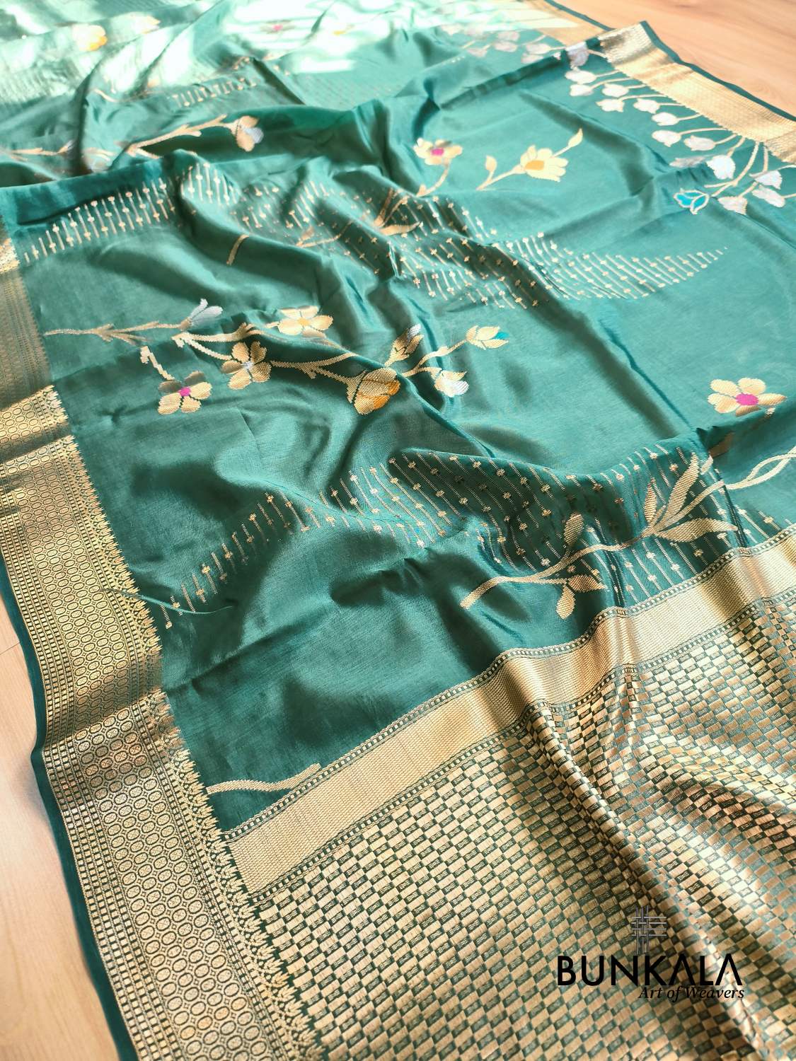 Green Meena Floral Pure Banarasi Mango Silk Saree 