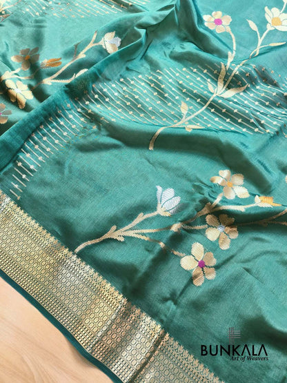 Green Meena Floral Pure Banarasi Mango Silk Saree 