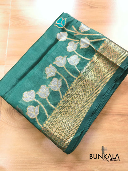 Green Meena Floral Pure Banarasi Mango Silk Saree 