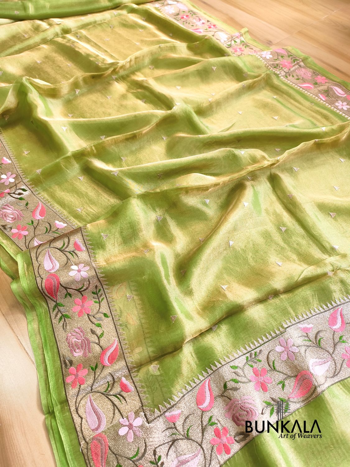 Green Multicolour Paithani Border Banarasi Embroidery Tissue Silk Saree