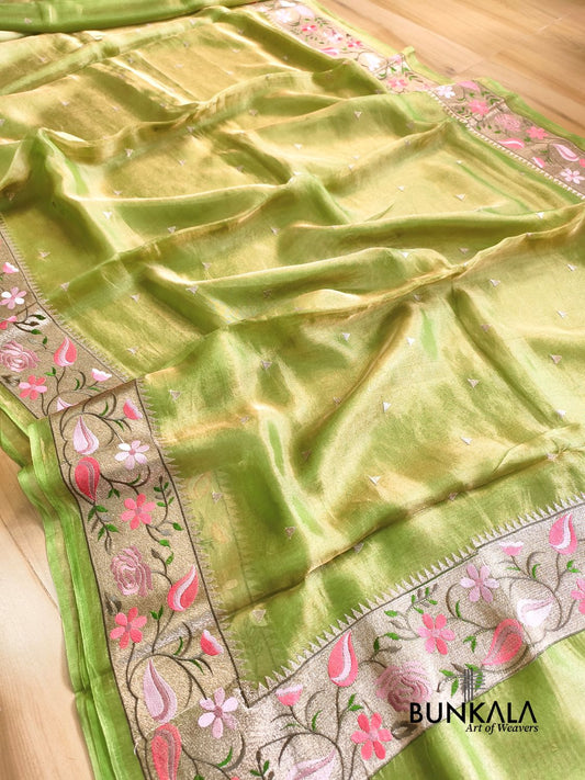 Green Multicolour Paithani Border Banarasi Embroidery Tissue Silk Saree