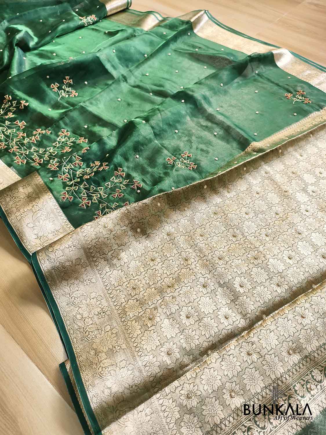 Green Pure Tissue Hand Embroidered Work Banarasi Saree