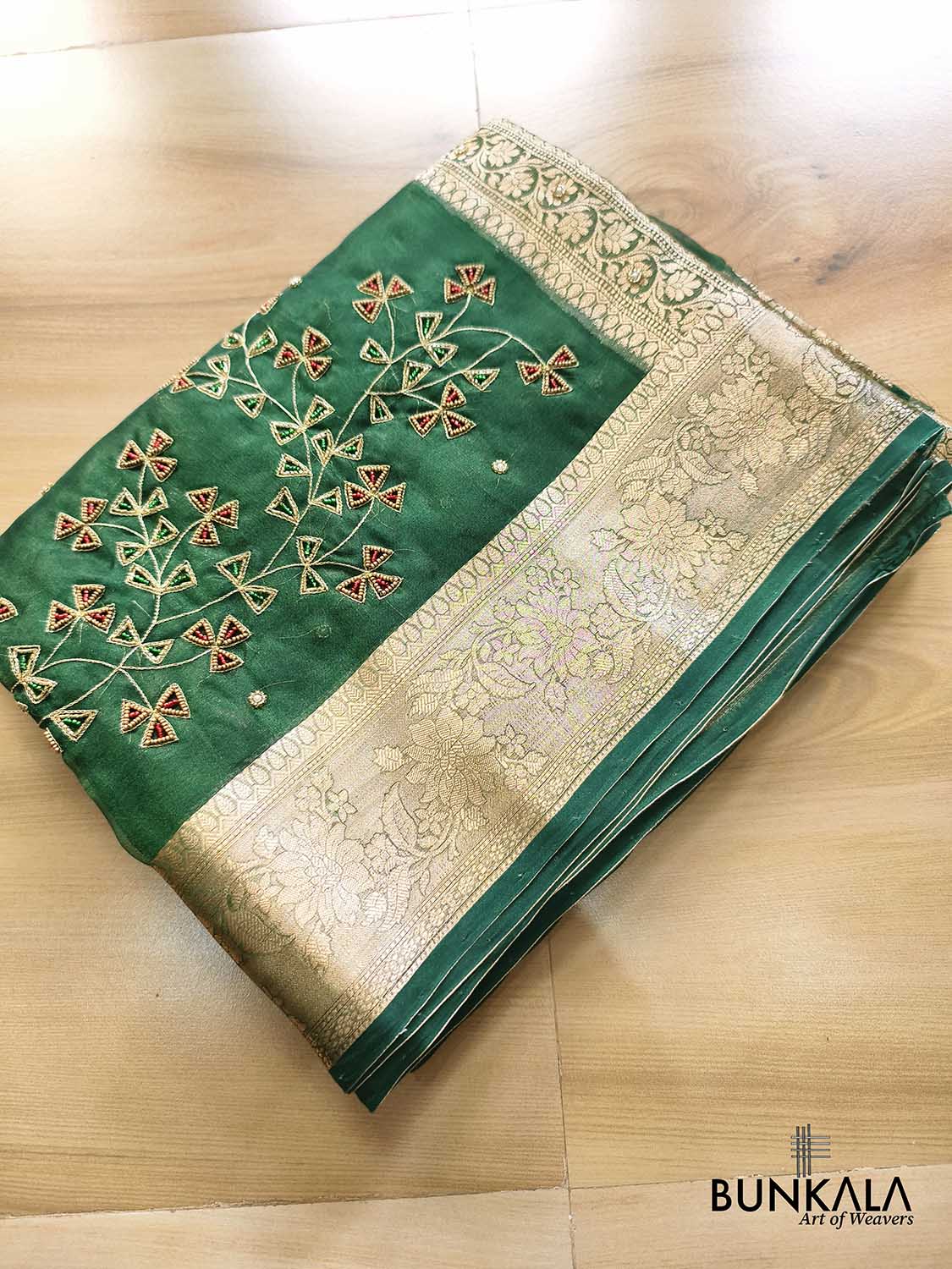 Green Pure Tissue Hand Embroidered Work Banarasi Saree