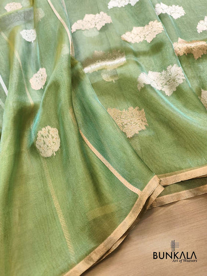 Green Stripe Buta Handloom Banarasi Pure Tissue Silk Saree