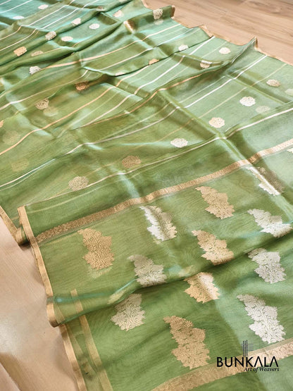 Green Stripe Buta Handloom Banarasi Pure Tissue Silk Saree