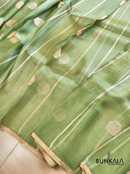 Green Stripe Buta Handloom Banarasi Pure Tissue Silk Saree
