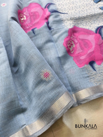 Grey Big Rose Pallu Weaved Banarasi Cotton Saree